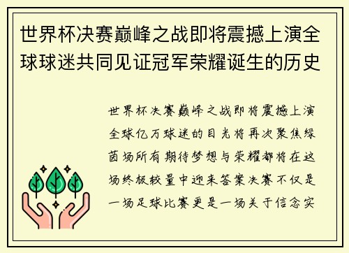 世界杯决赛巅峰之战即将震撼上演全球球迷共同见证冠军荣耀诞生的历史时刻 世界杯决赛巅峰之战即将震撼上演全球球迷共同见证冠军荣耀诞生的历史时刻